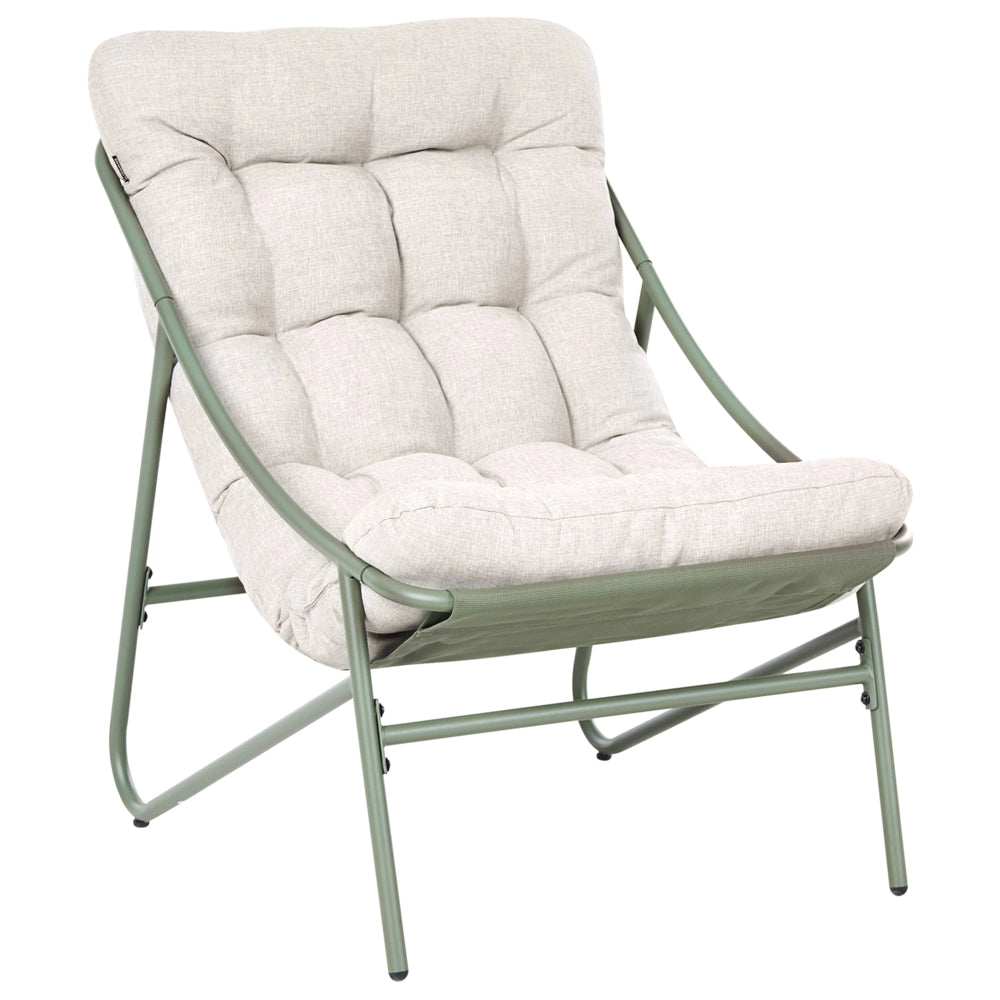 Set da esterno: struttura in acciaio verde e beige, sedute in tessuto divano a due posti con poltrone e tavolino