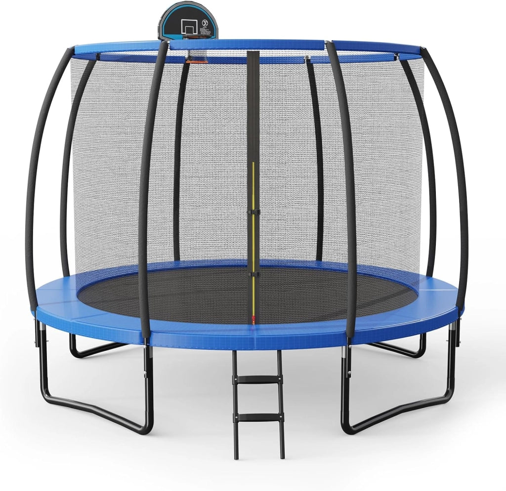 Trampolino da giardino rotondo con rete di sicurezza e copertura per bordi per bambini e adulti, blu + nero