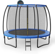 Trampolino da giardino rotondo con rete di sicurezza e copertura per bordi per bambini e adulti, blu + nero