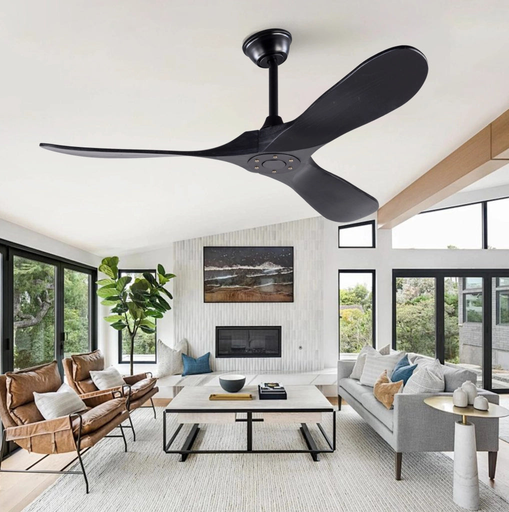Ventilatore da soffitto 52 pollici nero con 3 pale in legno; telecomando; senza luce
