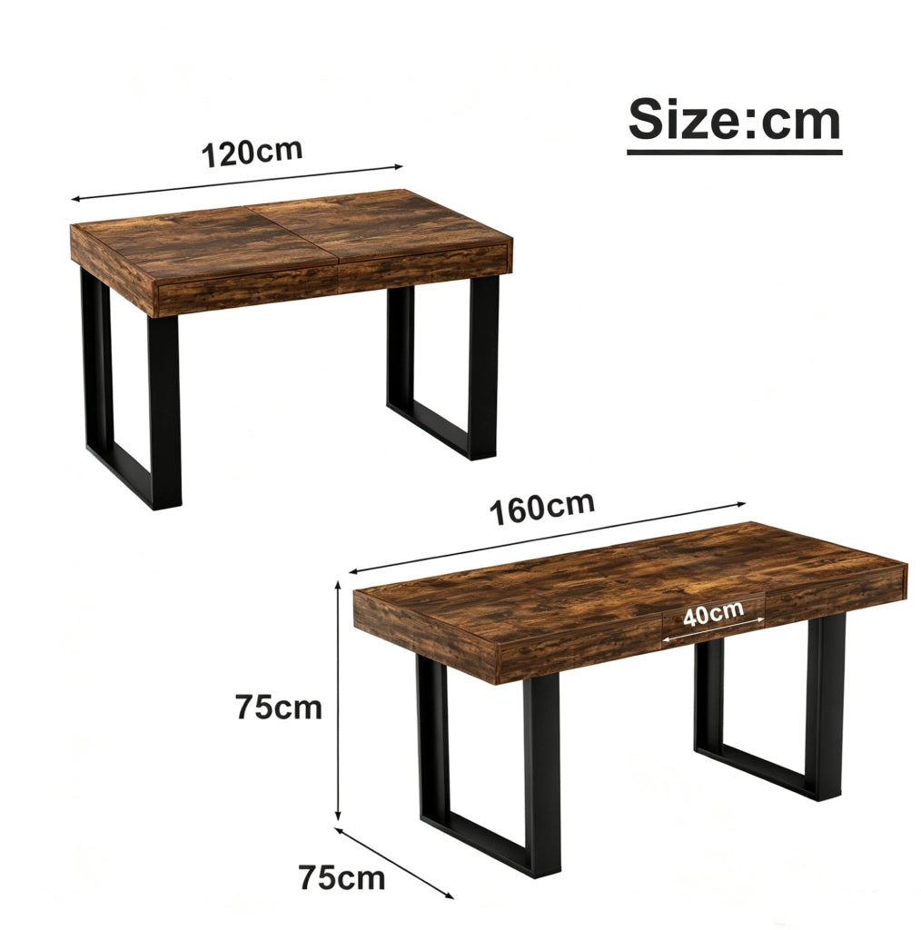 Tavolo da pranzo allungabile 120-160 cm in legno truciolare nero e marrone rustico