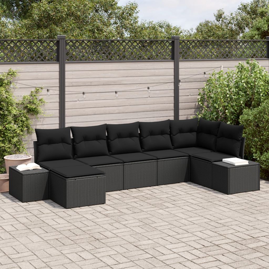 Set di divani da giardino a 7 pezzi con cuscini in polirattan nero