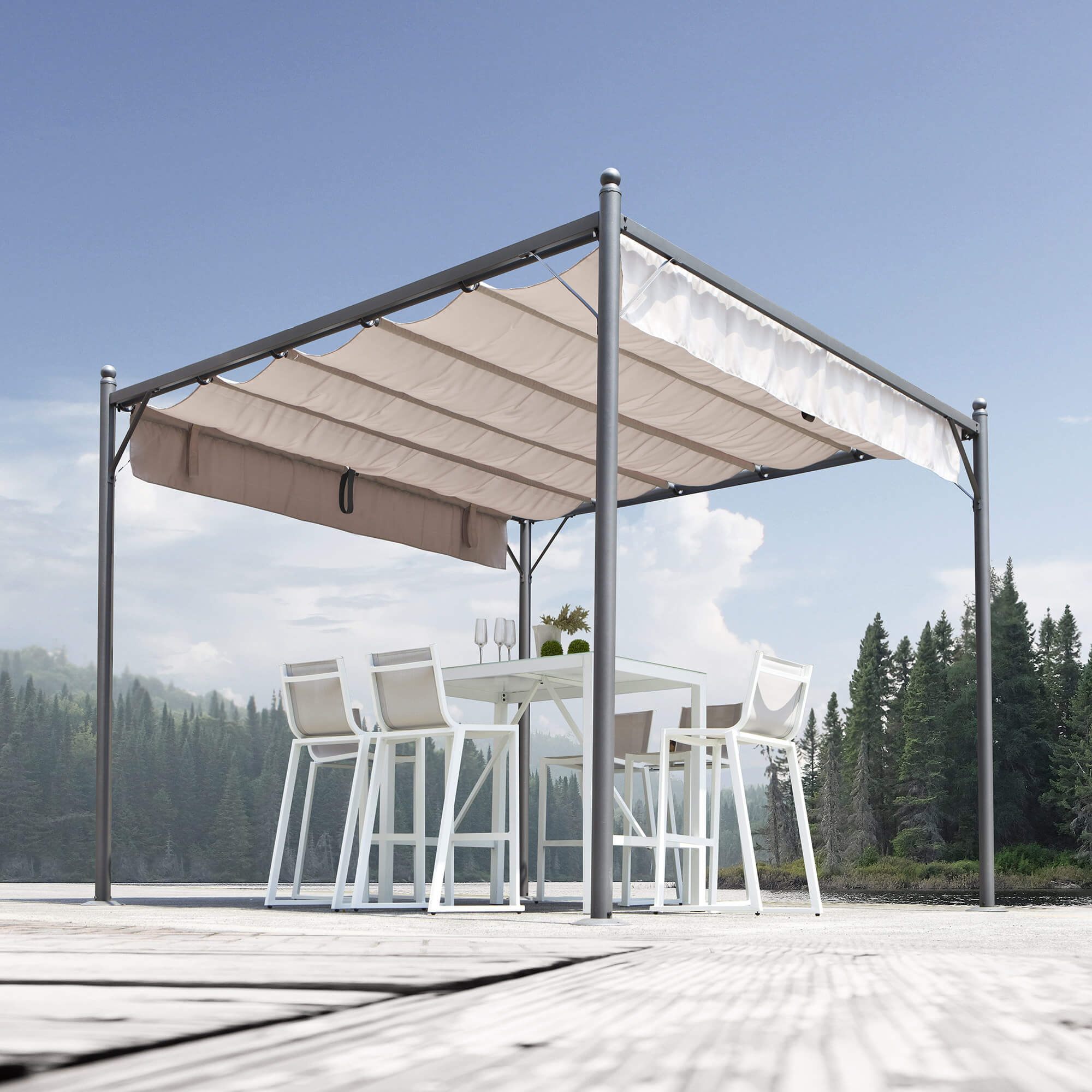Pergola da Giardino 3x3m in Acciaio e Poliestere Grigio Chiaro