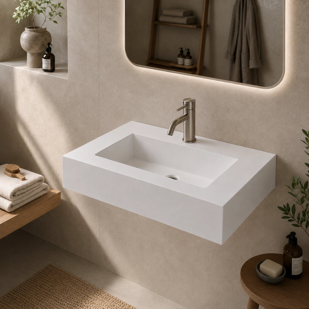 Top lavabo sospeso serie dustin in mineral marmo bianco antracite finitura liscia *** misure 90x46x15 cm, tinta bianc...