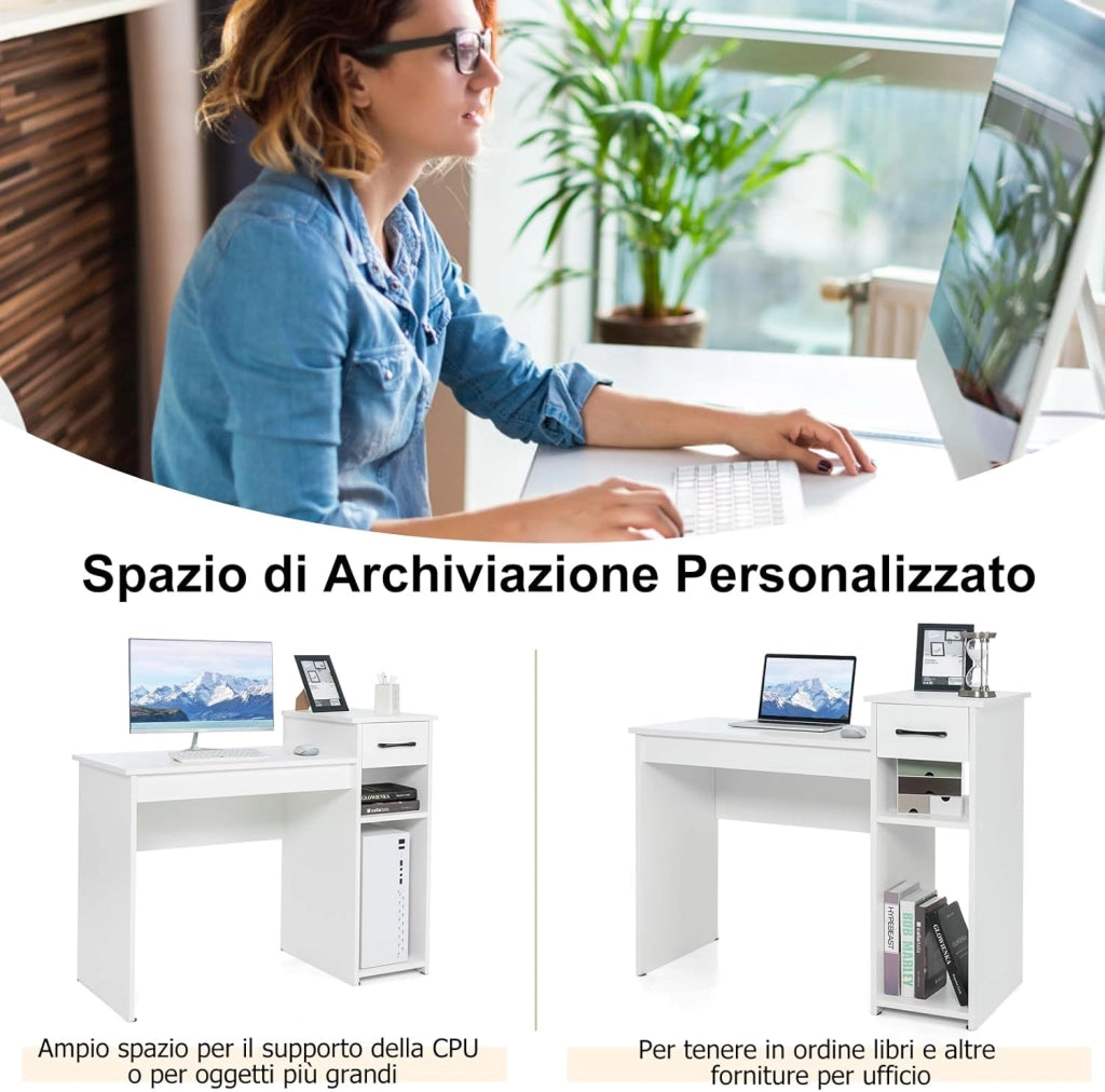 Scrivania con Cassetto, Scrivania da Computer, Tavolo da ufficio, 104 x 50 x 82cm (Bianco)