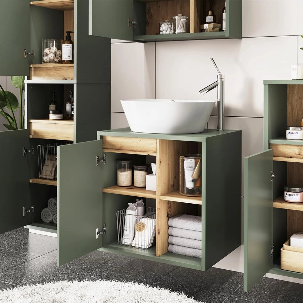 Mobiletto per lavabo Viola, Verde/Artigianale, 60 x 60 cm con ripiani aperti
