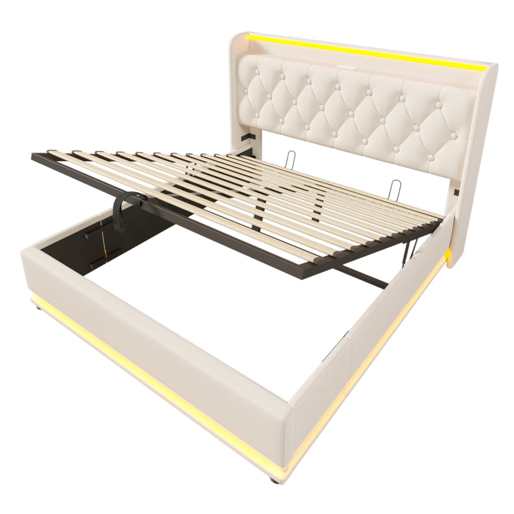Letti contenitori 140x200 cm; LED 360° e USB Type-C; PU bianco (Senza materasso)