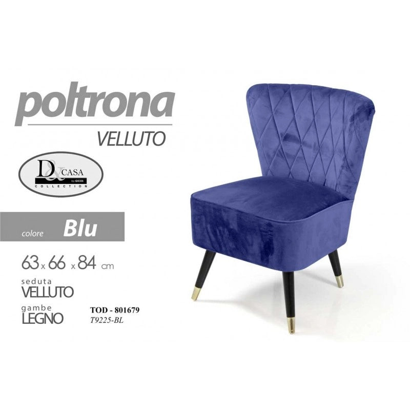 Poltrona in velluto blu con piedi legno cm 63 x 66 x 84 h