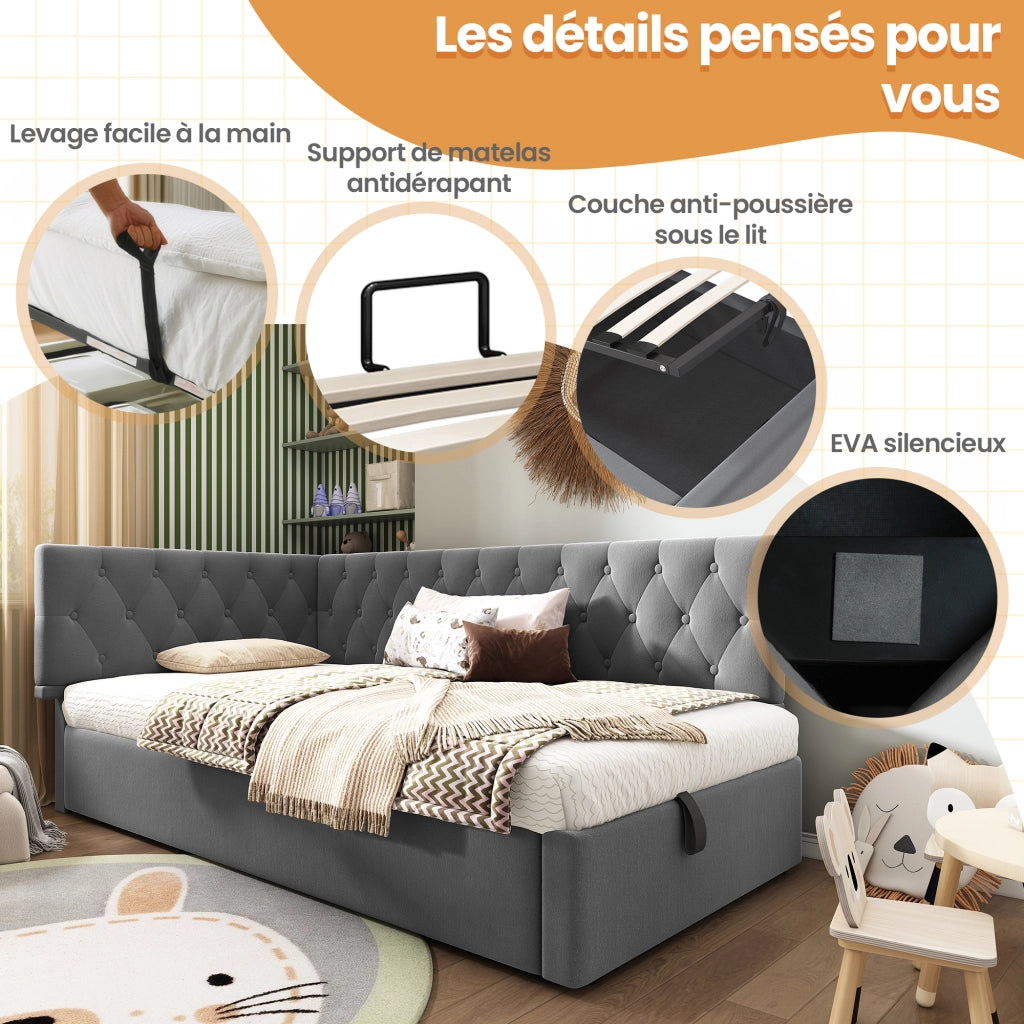 Letto contenitore singolo 90×200 cm con testiera reversibile e rete; senza materasso; velluto; grigio