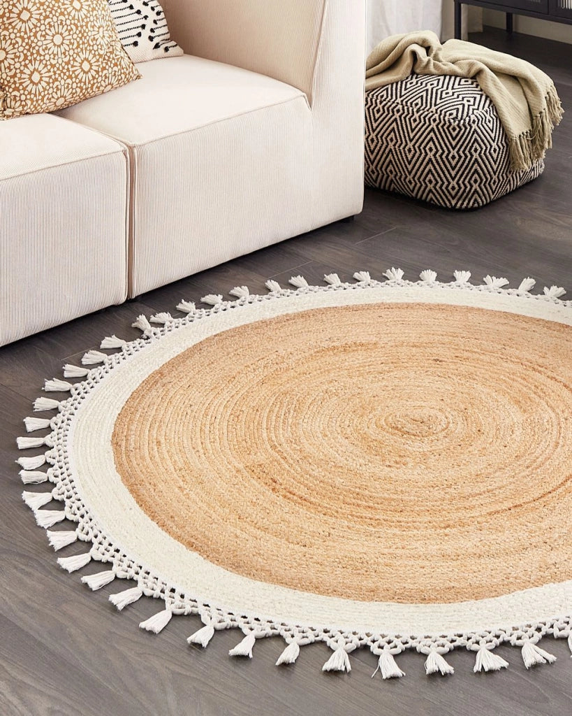 Tappeto Beige e Bianco Rotondo 140 cm Boho Rustico Spirale Intrecciato Fatto a mano Juta Naturale Camera da letto Soggiorno
