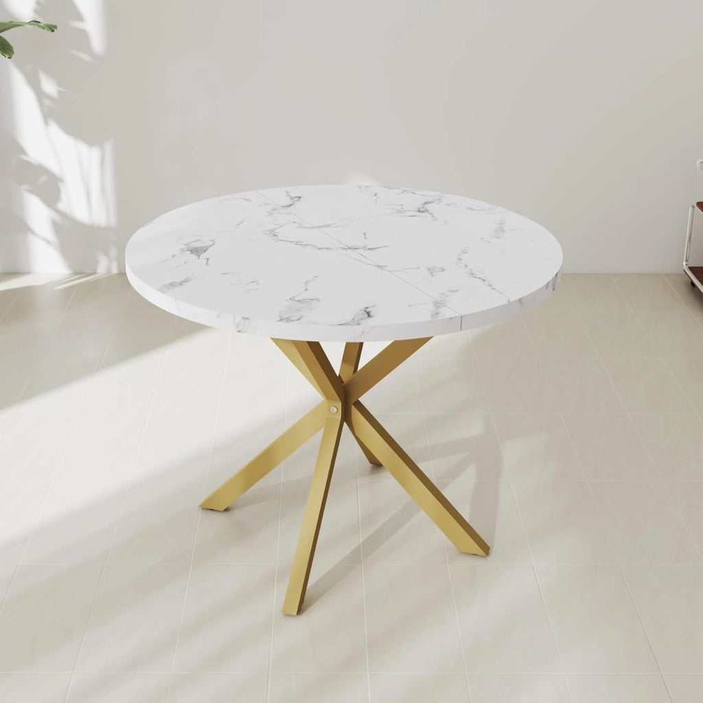 GrandCA HOME Tavolo da Pranzo Rotondo con Piano Moderno Effetto Marmo, Tavolo da Pranzo da Cucina con Quattro Gambe in Metallo, per Sala da Pranzo, Bianco+GDL