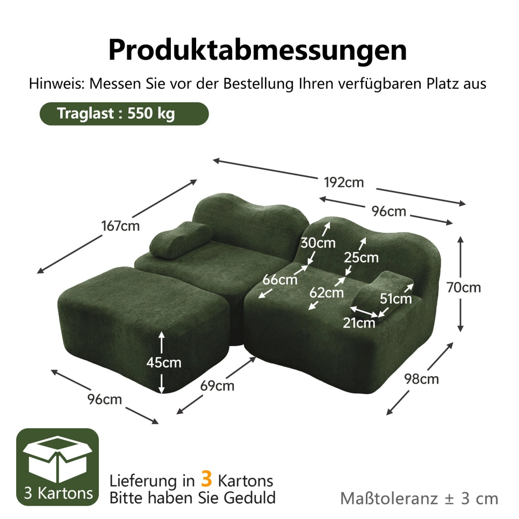 Divano angolare modulare in velluto verde con pouf; 192x167x70 cm; senza montaggio