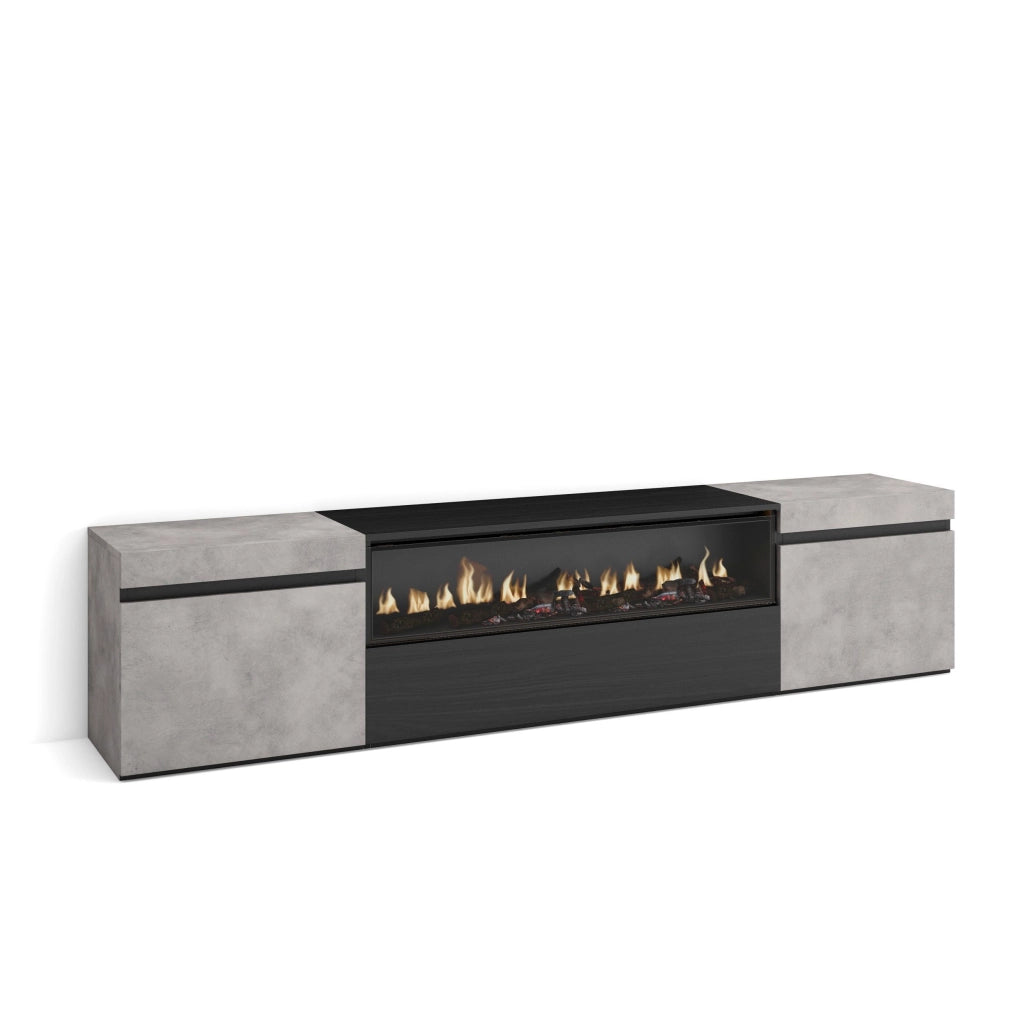 Mobile TV, 200x35x45cm, soggiorno, Per TV fino a 80", Camino elettrico, grigio cemento RF2241