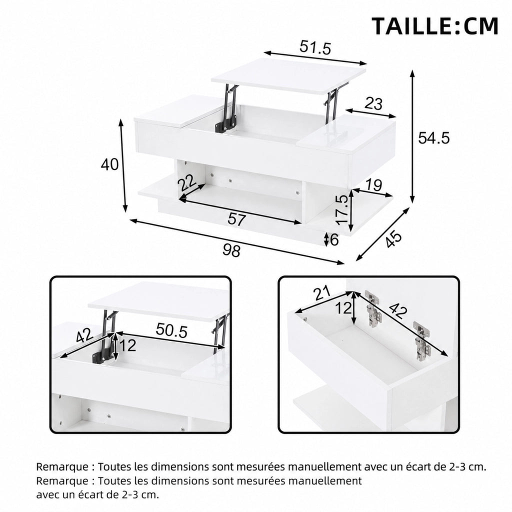 TAVOLO da caffè alzabile 98x45x40 cm bianco lucido con LED