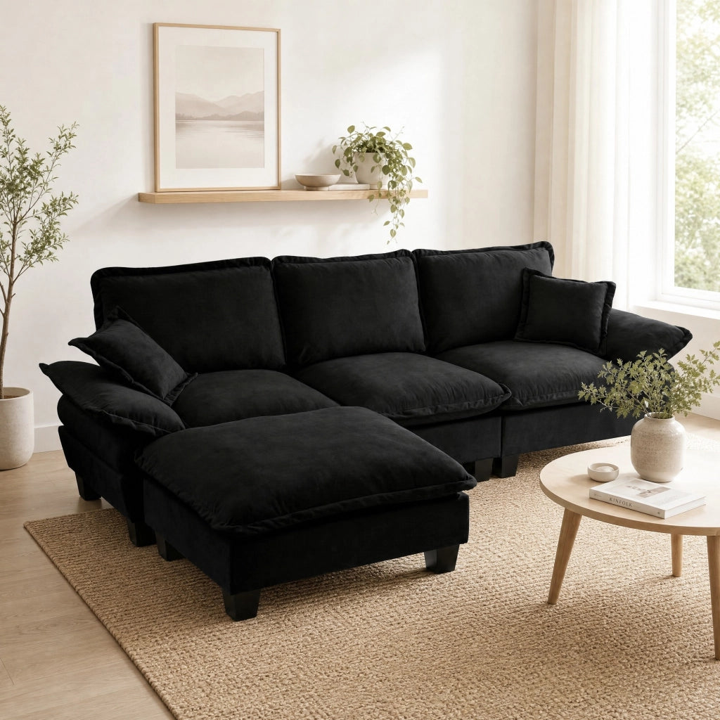 Divano angolare modulare a L 263x155x90 cm in ciniglia nera con pouf mobile