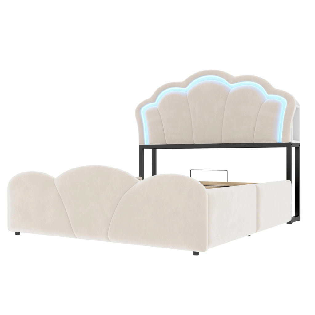 Letto imbottito ULEVR 140x200 cm con contenitore idraulico, LED, prese integrate e vani testiera, beige