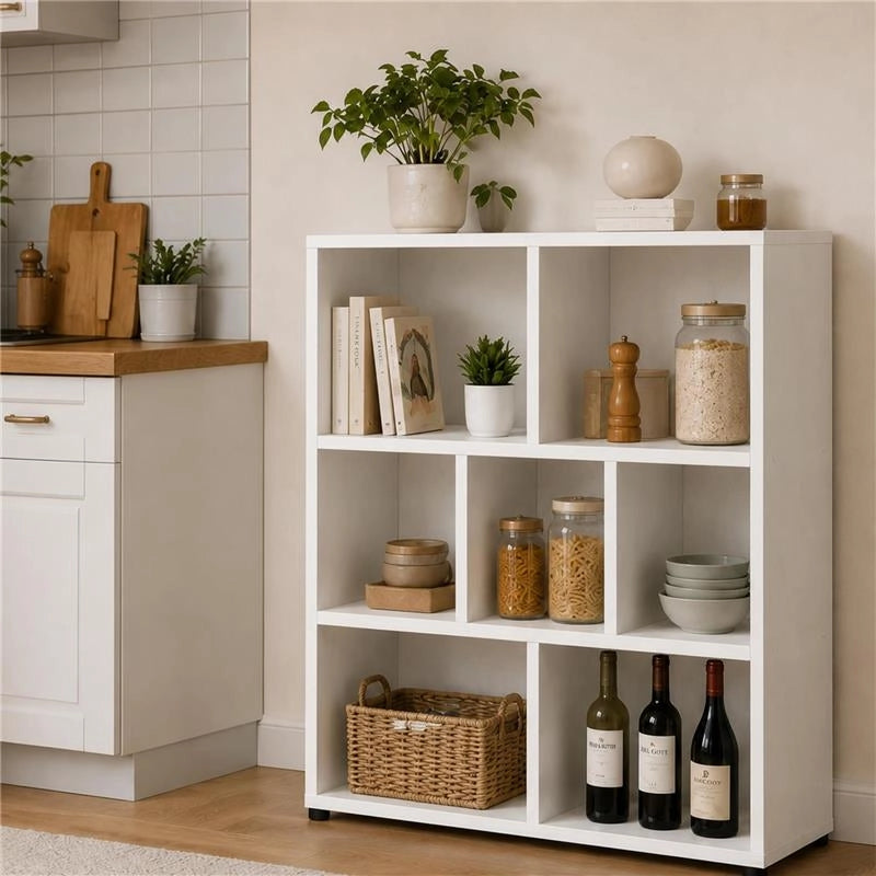 LIBRERIA MODERNA IN LEGNO BIANCO CON SETTE RIPIANI DIMENSIONI 90X30X106 CM