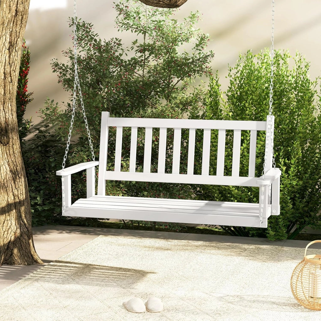Altalena sospesa in legno per 2/3 persone con catene in metallo zincato regolabili e resistenti, con schienale a doghe e seduta per patio giardino (136 x 67 x 63 cm, bianco)