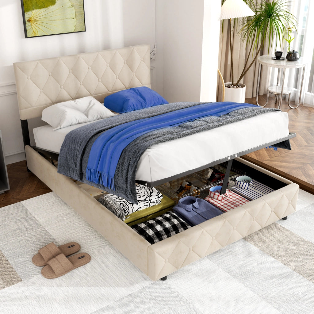 LETTO Imbottito 140x200 cm in Velluto Beige