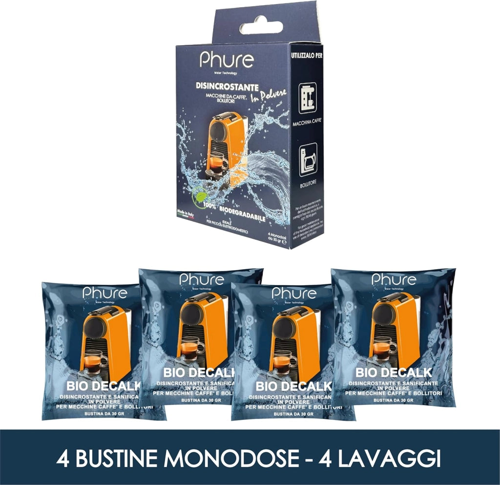 PHURE Decalcificante in Polvere Monodose per Macchina da Caffè, Bollitori, piccoli elettrodomestici, compatibile con tutte le macchine da caffè, 100% Biodegradabile, Ecologico Made in Italy