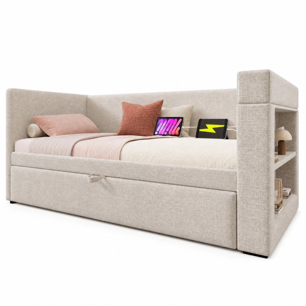 Divano letto estraibile 90x190 cm con USB e Type-C; portabicchieri; beige