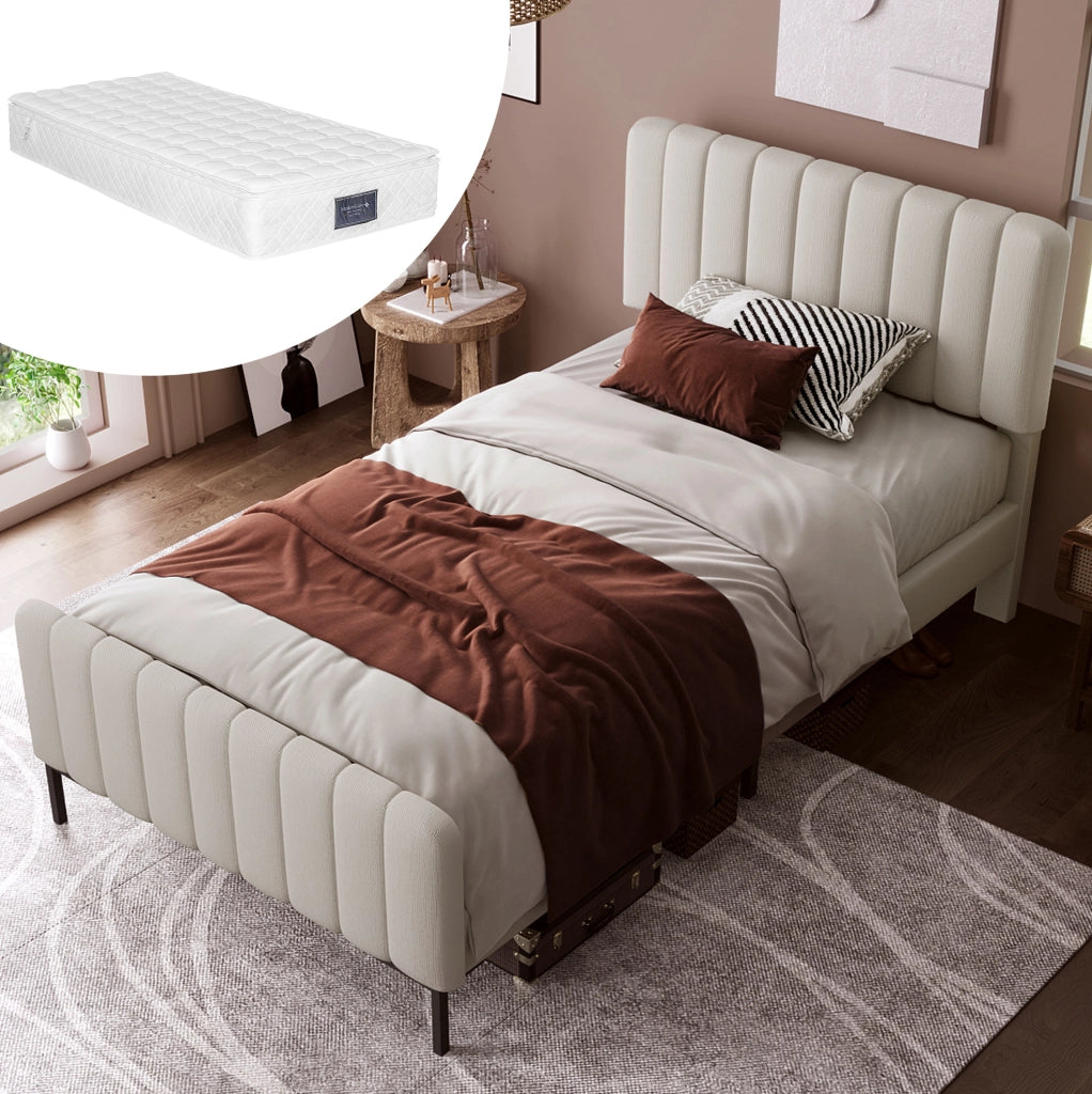 Letto singolo imbottito 90x200 cm con testiera regolabile e rete; grigio-beige