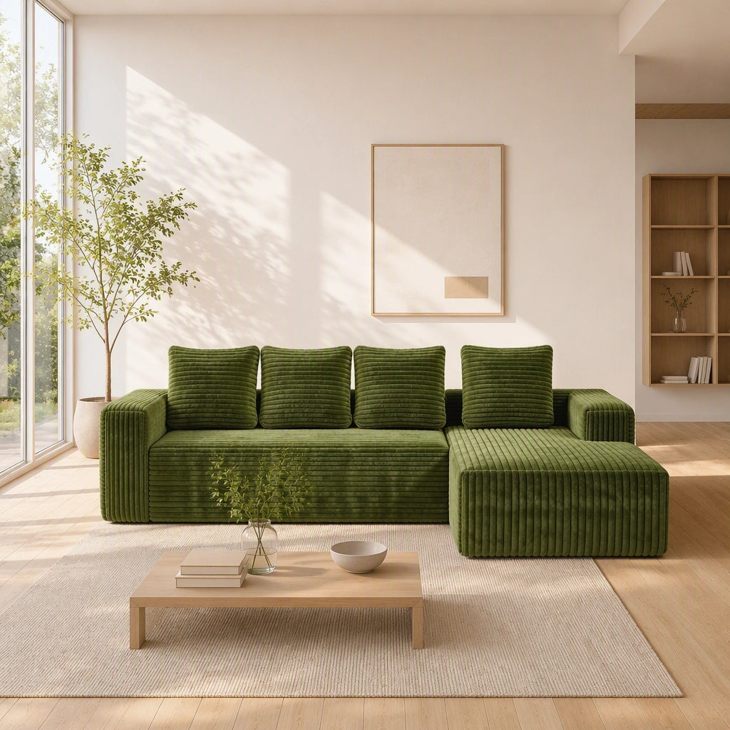 Divano angolare reversibile modulare con chaise longue e funzione senza montaggio in velluto a coste verde