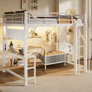 Letto a soppalco 140x200 cm con scrivania; LED e contenitore in MDF e metallo