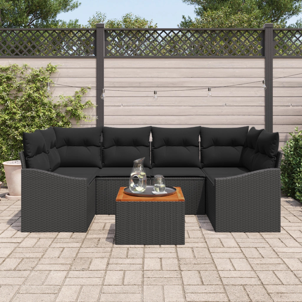 Set Divano Giardino 7 Pezzi con Cuscini Nero Polyrattan Acacia