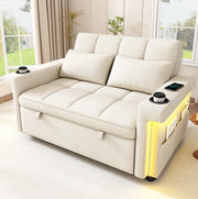 Divano letto 2 posti 145x141;5 cm in ciniglia beige con LED e porte USB/Type-C HOMVRA