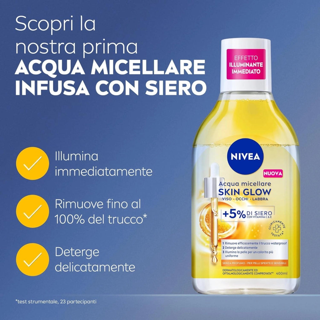 NIVEA ACQUA MICELLARE SKIN GLOW 400 ML STRUCCANTE VISO E OCCHI CON 5% SIERO NO RISCIACQUO PER PELLI SPENTE E SENSIBILI