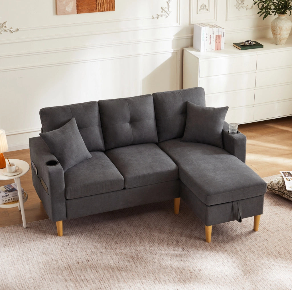 Divano 175x129x90 cm con chaise longue reversibile; contenitore e portabicchieri in cotone e lino grigio scuro