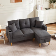 Divano 175x129x90 cm con chaise longue reversibile; contenitore e portabicchieri in cotone e lino grigio scuro