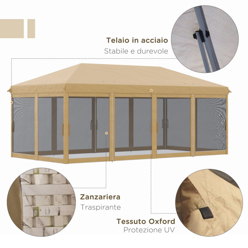 Gazebo da Giardino Pieghevole 6x3m con Zanzariera e Borsa ¨C zephmum ¨C Beige