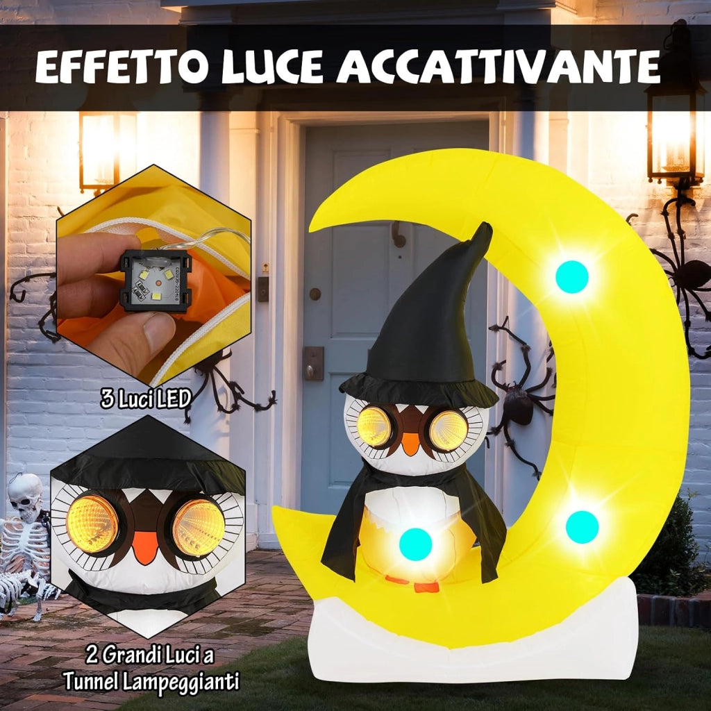 COSTWAY Decorazione Gonfiabile per Halloween 130 x 155 CM, Decorazione di Halloween Illuminata con LED e Grande Luna e Gufo Mago e Soffiatore Incorporato, per Cortile, Prato e Feste