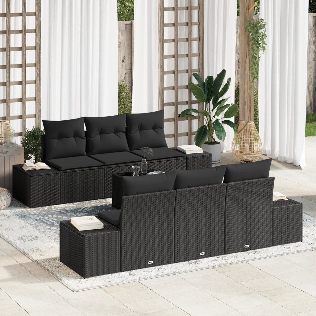 Set Divano Giardino 7 Pezzi con Cuscini Nero Polyrattan