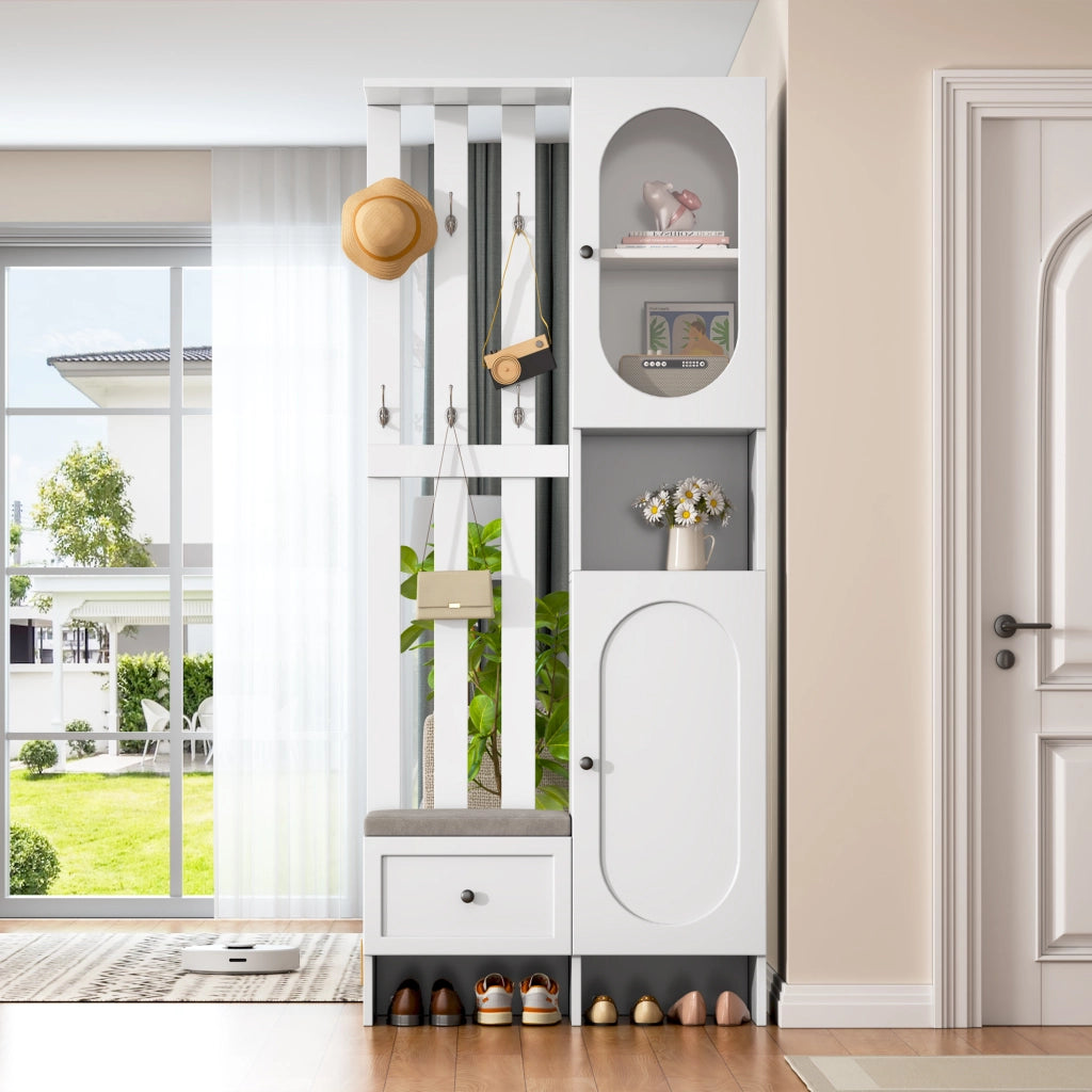 OKWISH Mobile da ingresso con 2 Armadi, 1 Cassetto, 10 Vani Portaoggetti e 6 Ganci, Panca portascarpe 85×33.5×200 cm