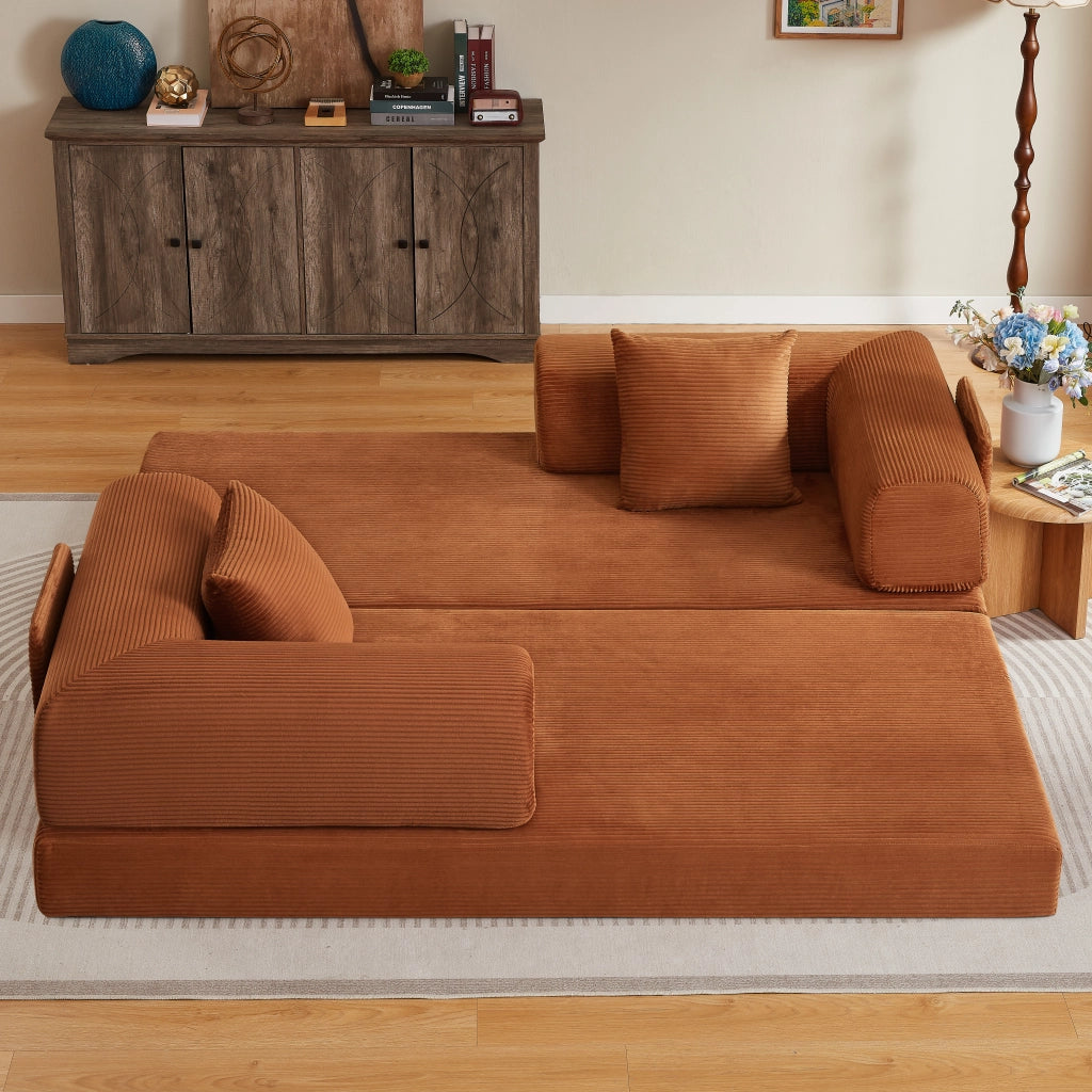 Divano letto pieghevole con struttura in acciaio e 2 cuscini da terra per soggiorno o camera in schiuma terracotta