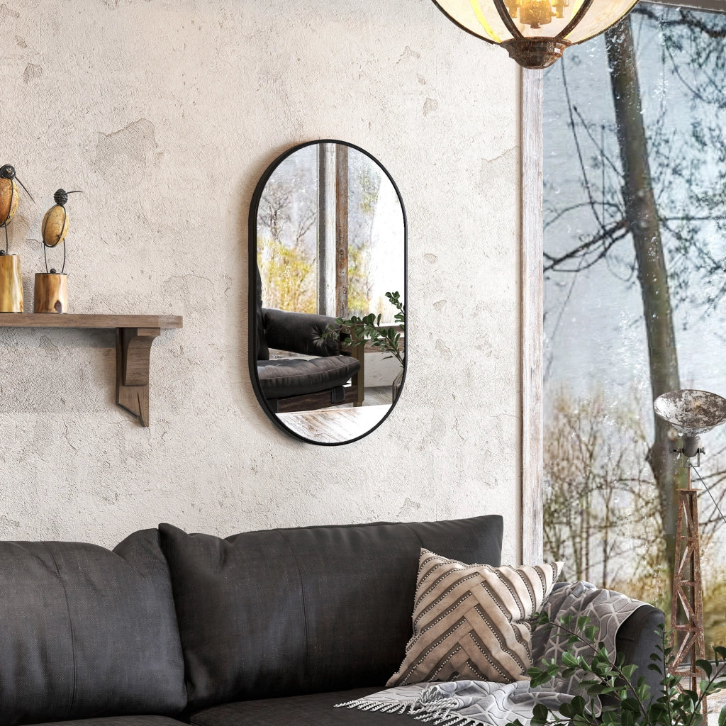 Specchio da Bagno Ovale da Parete 60x90 cm con Cornice in Alluminio Nero