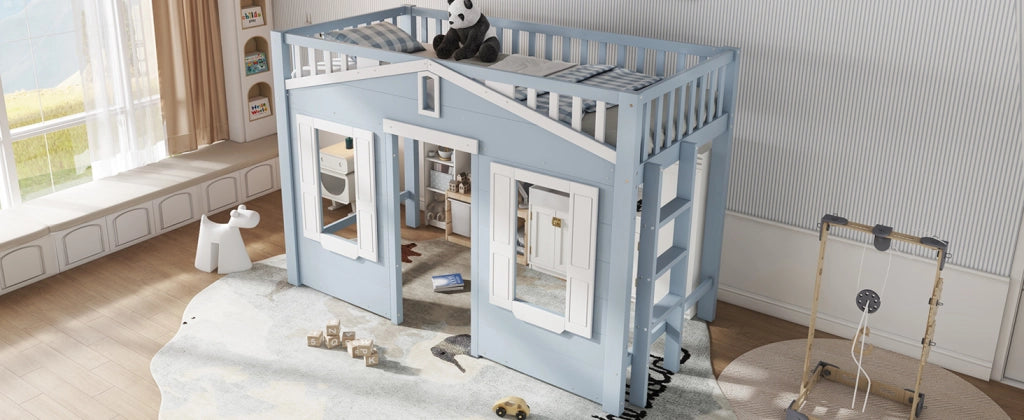 Letto a castello bambini blu in pino e MDF con funzione contenitore 90x200 cm