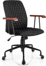 Poltrona da ufficio retrò in velluto regolabile in altezza con ruote, sedia da ufficio ergonomica con seduta imbottita e braccioli in legno di gomma, stile vintage, carico 150 kg