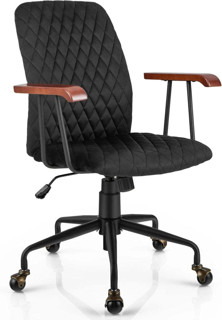 Poltrona da ufficio retrò in velluto regolabile in altezza con ruote, sedia da ufficio ergonomica con seduta imbottita e braccioli in legno di gomma, stile vintage, carico 150 kg