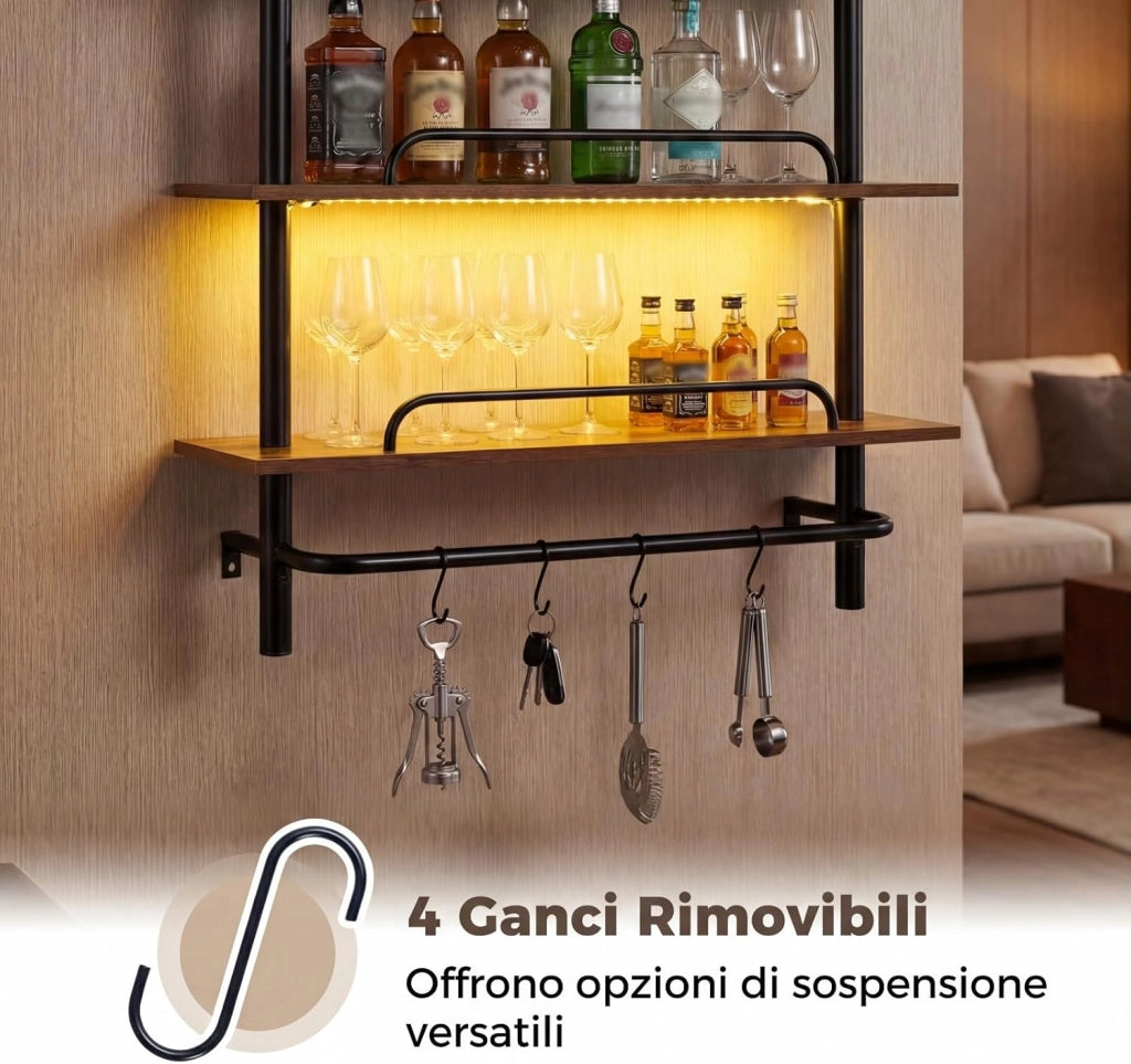 Mensola da Parete, Scaffalatura a 3 Livelli con Luce LED e 4 Ganci a S, Controllo Remoto e APP, Scaffale per Riporre e Esporre in Cucina, Camera da Letto e Soggiorno, 80,5x24x97 cm