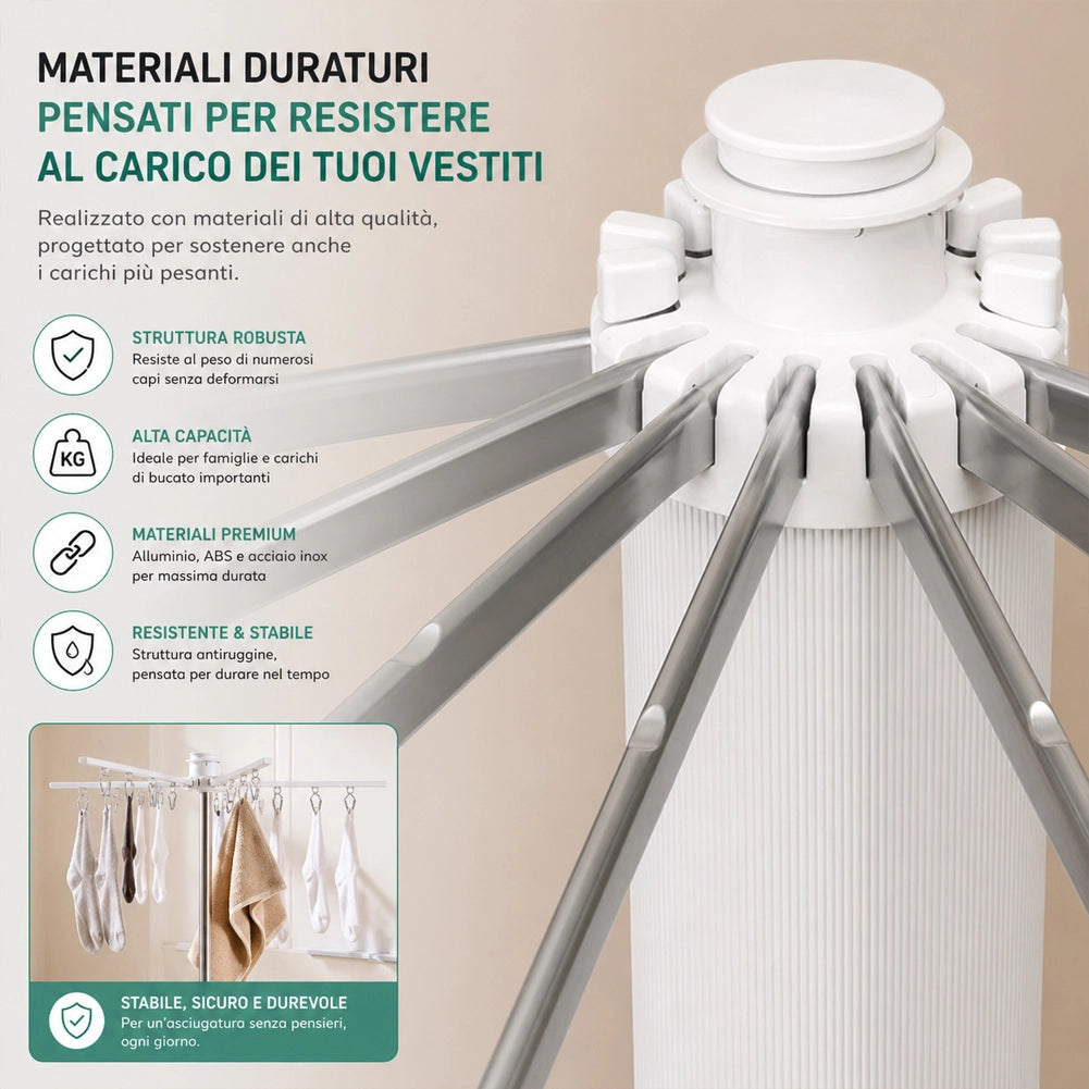 Stendibiancheria Verticale 112x58x170 cm Salvaspazio e Pieghevole Treppiede 16 Ganci in Alluminio e ABS Bianco
