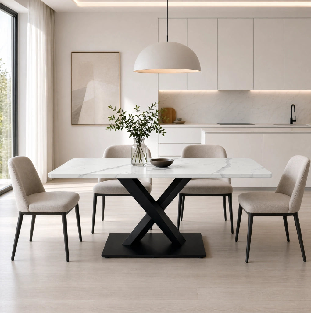 Tavolo da pranzo rettangolare bianco e nero per 6 persone, MDF e metallo