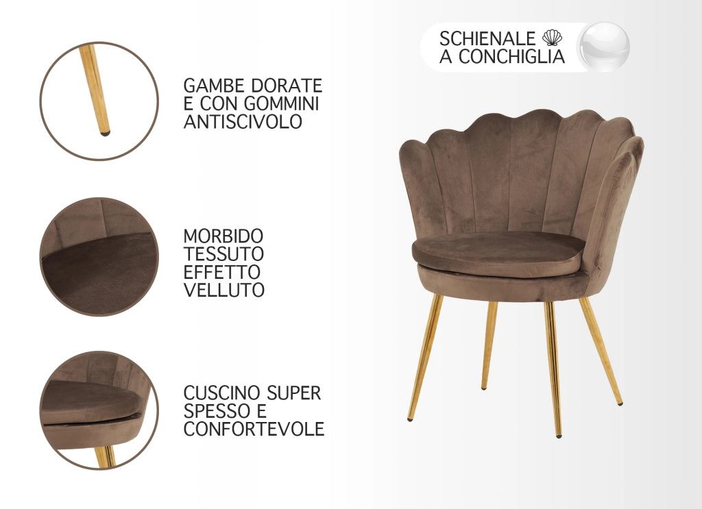 Poltrona Conchiglia Camera da Letto in Velluto Design Moderno Maddina Marrone