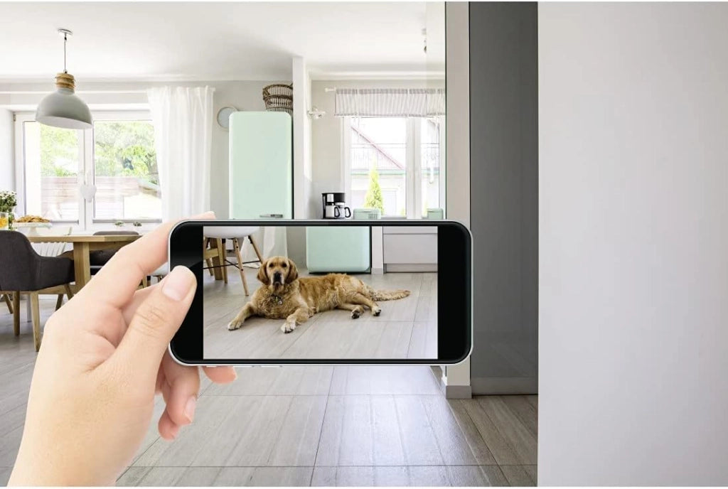 WiFi camera 1080p (Full HD), app, motion sensor, visione notturna, da interno, compatibile con Amazon e Google, bianco