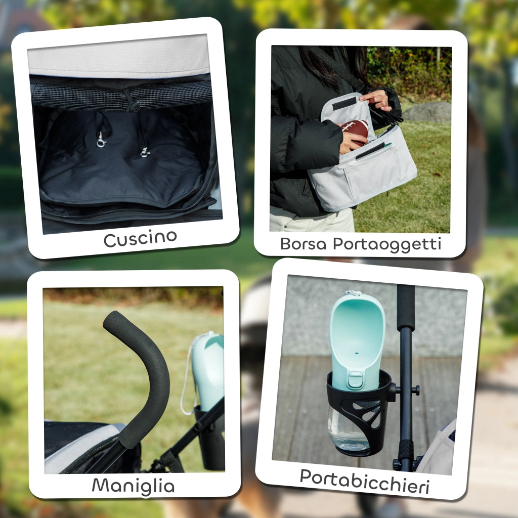Passeggino per Cani con 2 Finestre a Rete, in Acciaio e Tessuto Oxford, 76x44x103 cm, Nero e Grigio Chiaro