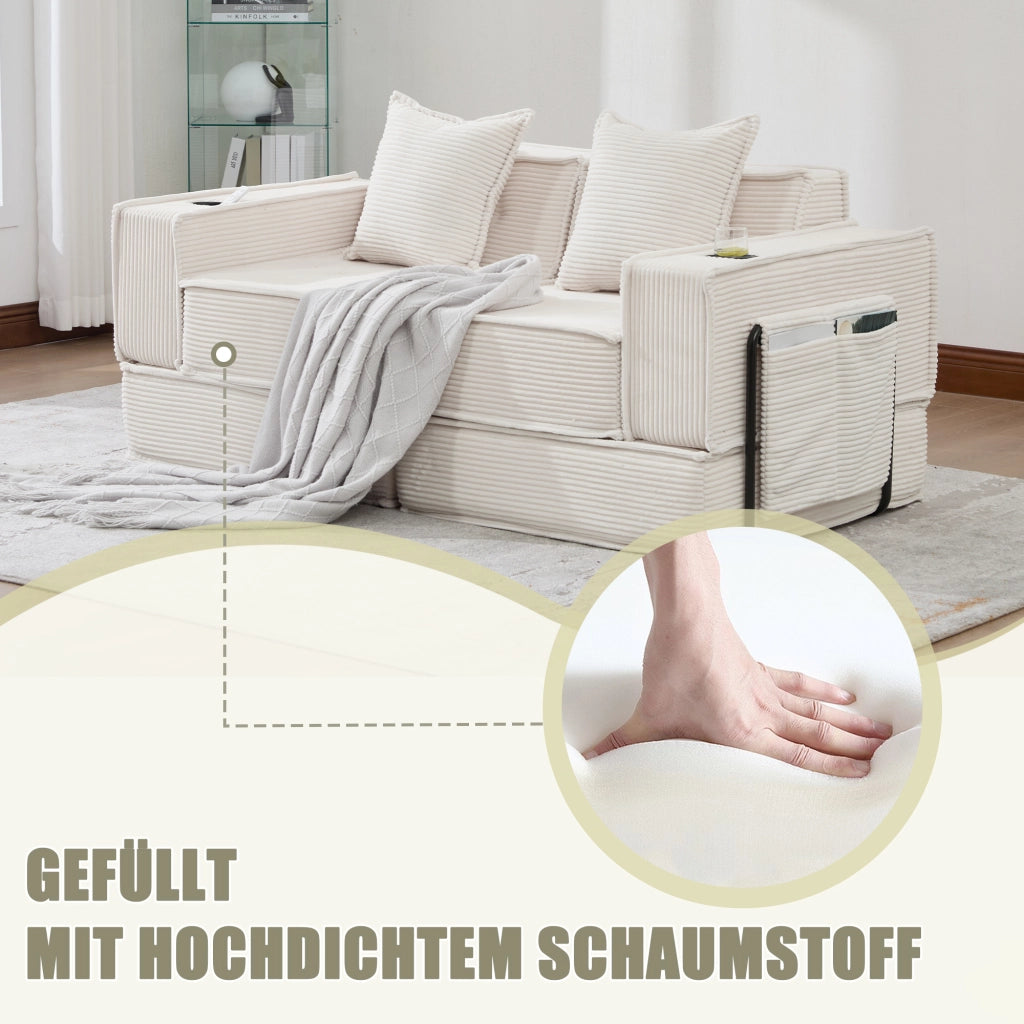 poltrona con pouf modulare con tasche laterali; 2 cuscini; design ergonomico in velluto a coste beige 162 Ã— 78 Ã— 66 cm