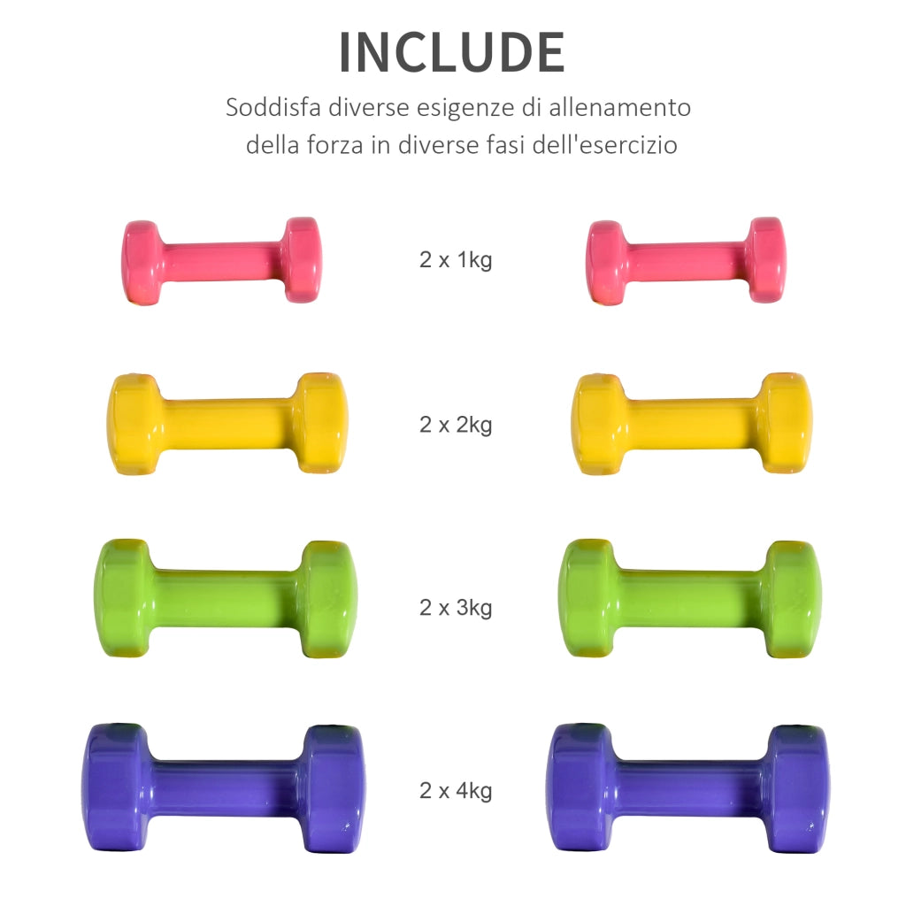 Set 4 Manubri Esagonali da 20 kg Totali in Acciaio e PU da 1 a 4kg. Multicolore